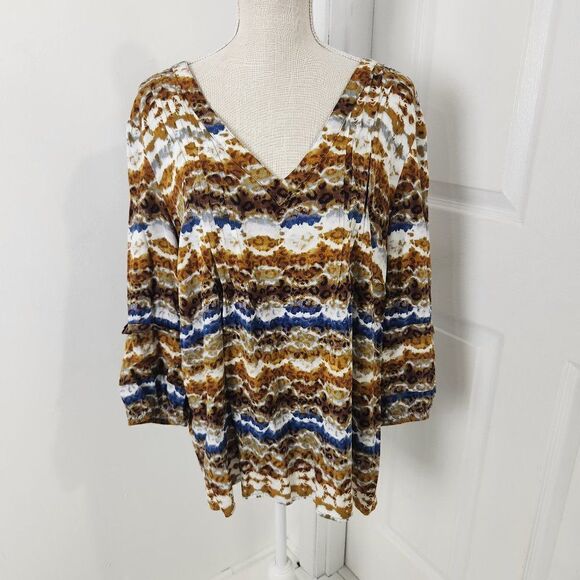 Fig Flower Top Womens 2X Brown Blue Striped Tie Dye Pintuck Rayon Boho Peasant - Picture 1 of 14